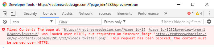 A screenshot of the Chrome web developer tools console. A Mixed Content error is displayed. The page was loaded over HTTPS but requested an insecure image.