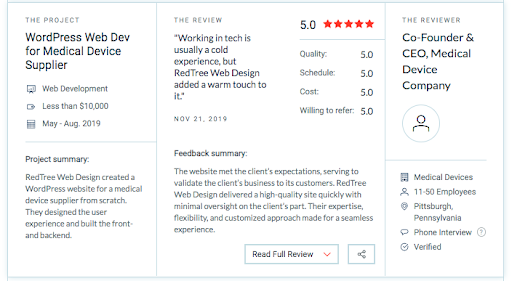 A screenshot of a 5-star Clutch review for RedTree Web Design