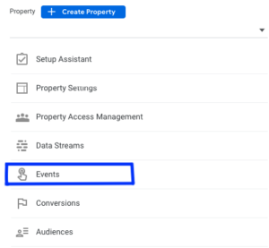 The Google Analytics 4 Property section, where Events has a blue box around it.