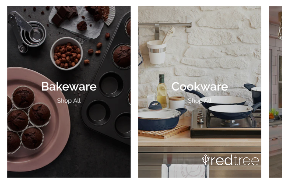 A screenshot of two sections on the berry + basil homepage: bakeware and cookware.
