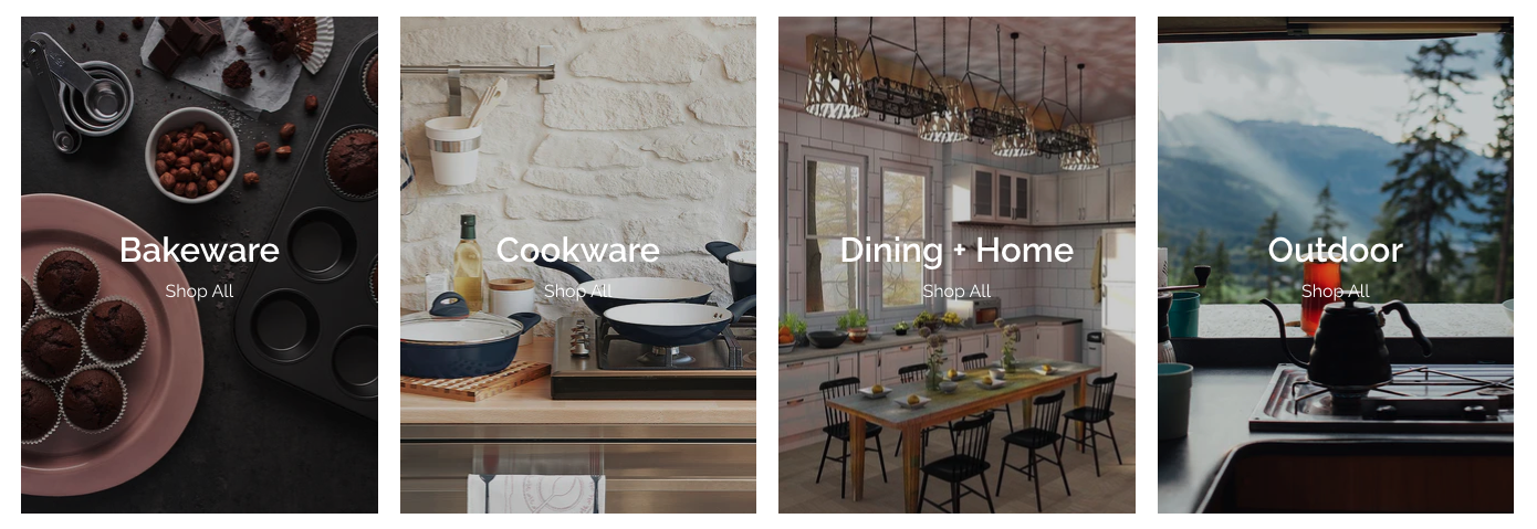 Four sections on the homepage that lead to other pages: Bakeware, Cookware, Dining + Home, and Outdoor.