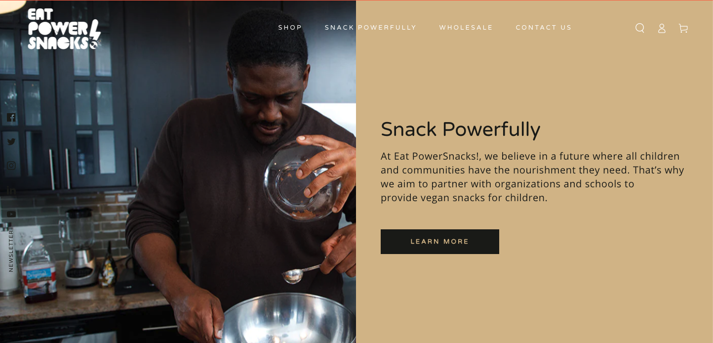 A photo of someone mixing ingredients in a bowl in half the photo, and the other half is text: on a tan background, black text says "Snack Powerfully: At EatPowerSnacks!, we believe in a future where all children and communities have the nourishment they need. That's why we aim to partner with organizations and schools to provide vegan snacks for children."