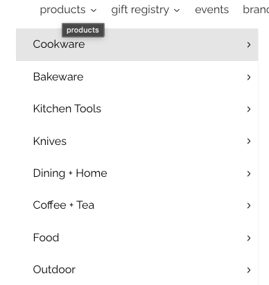 Product dropdown on the berry + basil website, which includes Cookware, Bakeware, and more.