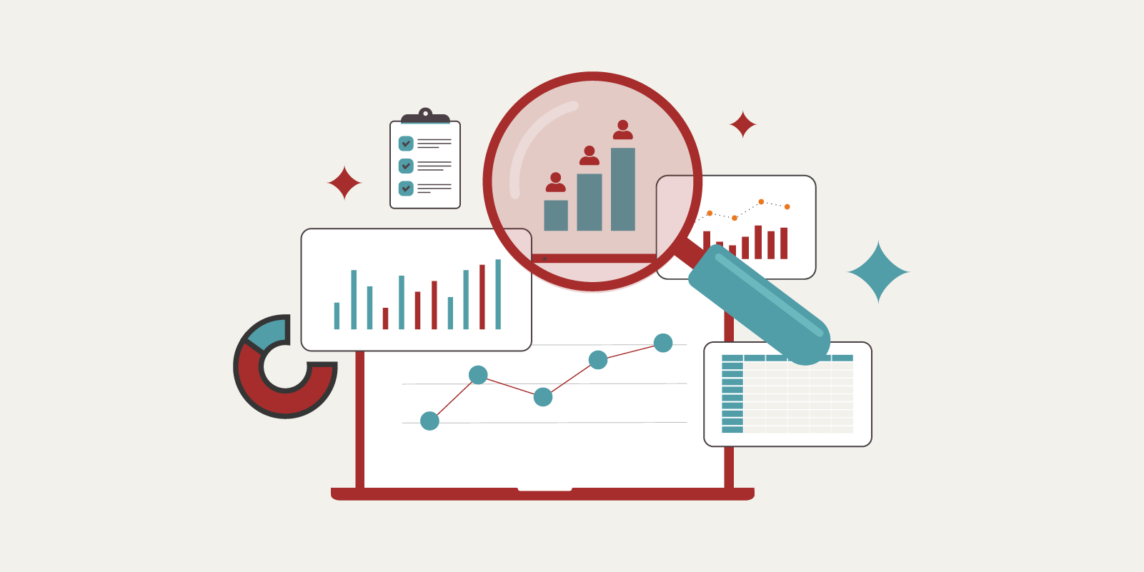 Simplified illustration of a laptop displaying graphs and metrics with a magnifying glass overlaying it.