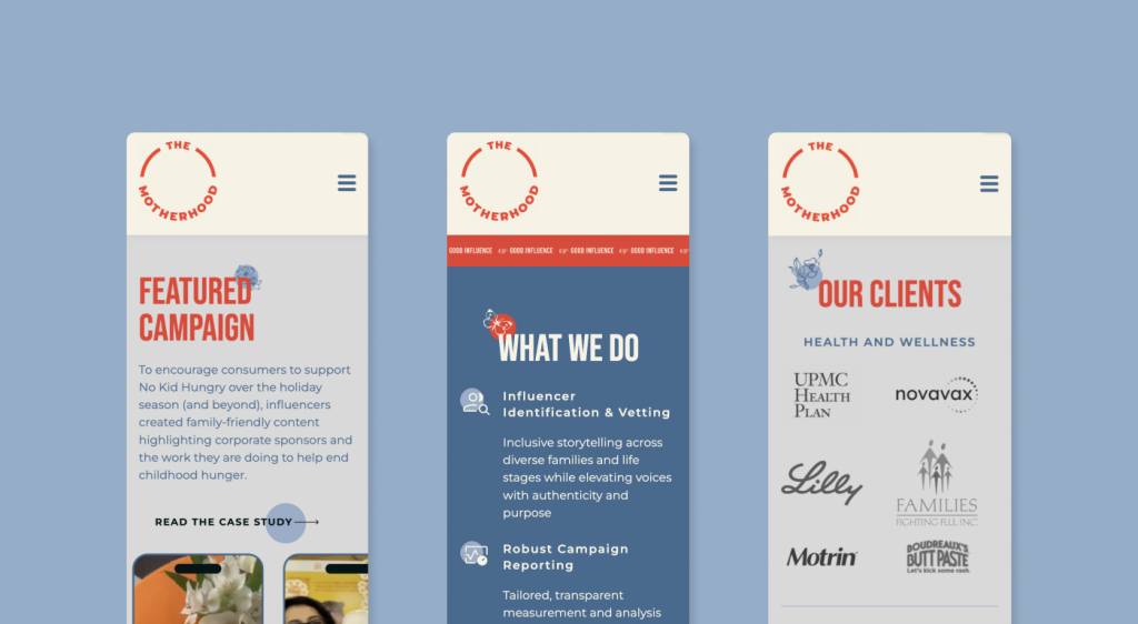 three mobile screens in a row, featuring campaign reels, services or what we do, and The Motherhood clients