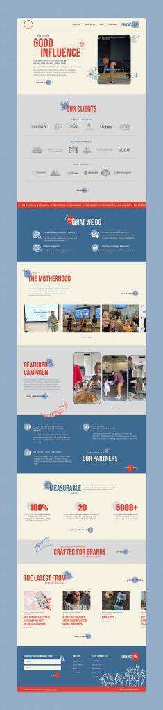 the full homepage of The Motherhoods new website, featuring a list of clients, services offered, more information about TM, featured campaign reels, client testimonials, call to action CTAs, the latest blog posts, and the footer with newsletter sign-up form 