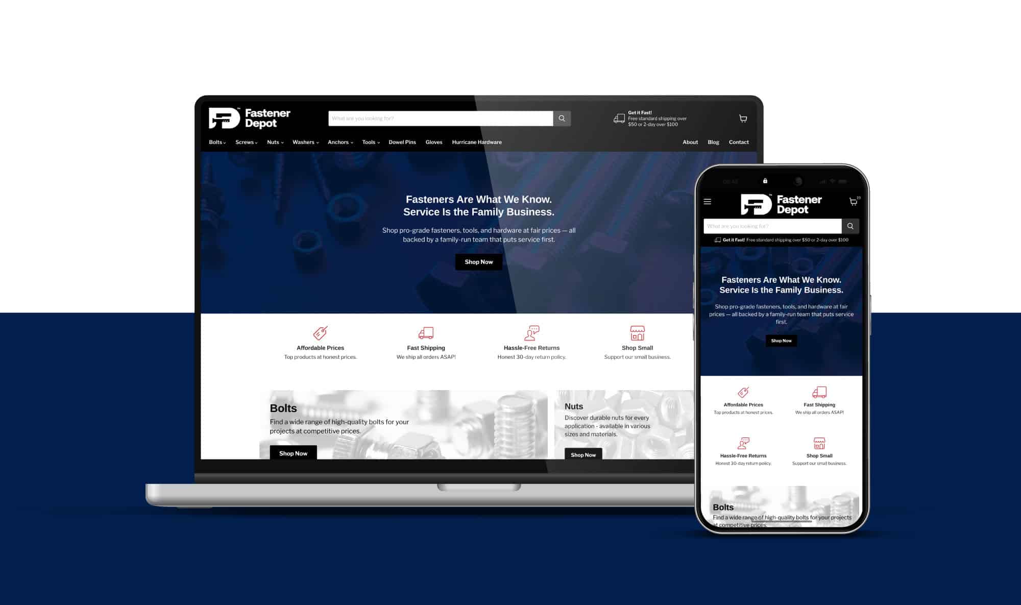 homepage designs for Fastener Depot displayed on mobile and laptop screens