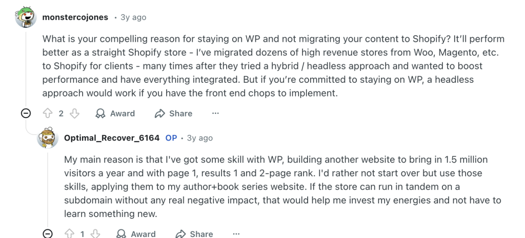 A conversation between two users about WordPress Shopify Integration in Reddit